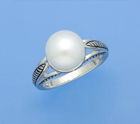 White and Black Plated Silver Ring with 10-10.5mm Button Shape Freshwater Pearl