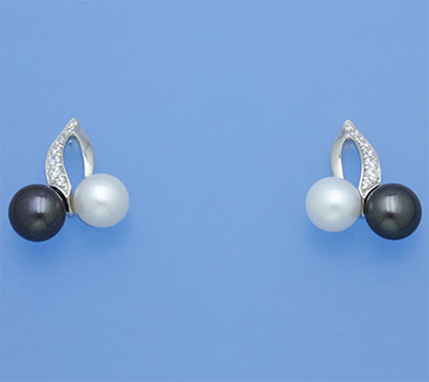 Sterling Silver Earrings with 7.5-8mm Button Shape Freshwater Pearl and Cubic Zirconia