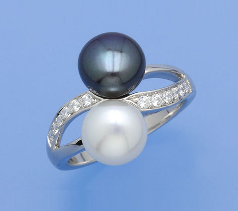 Sterling Silver Ring with 8.5-9mm Button Shape Freshwater Pearl and Cubic Zirconia