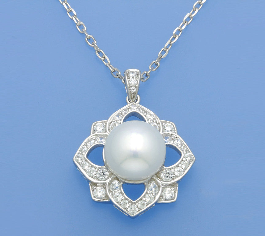Sterling Silver Pendant with 10-10.5mm Button Shape Freshwater Pearl and Cubic Zirconia - Wing Wo Hing Jewelry Group - Pearl Jewelry Manufacturer
