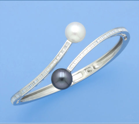 Sterling Silver Bangle with 9.5-10mm Button Shape Freshwater Pearl and Cubic Zirconia