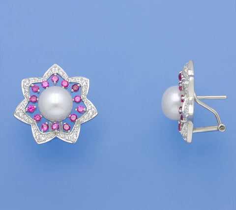 Sterling Silver Earrings with 8.5-9mm Button Shape Freshwater Pearl and Cubic Zirconia