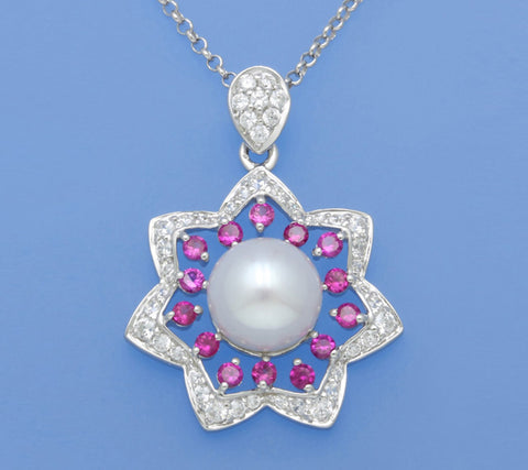 Sterling Silver Pendant with 8.5-9mm Button Shape Freshwater Pearl and Cubic Zirconia