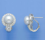 Sterling Silver Earrings with 9-9.5mm Button Shape Freshwater Pearl and Cubic Zirconia - Wing Wo Hing Jewelry Group - Pearl Jewelry Manufacturer