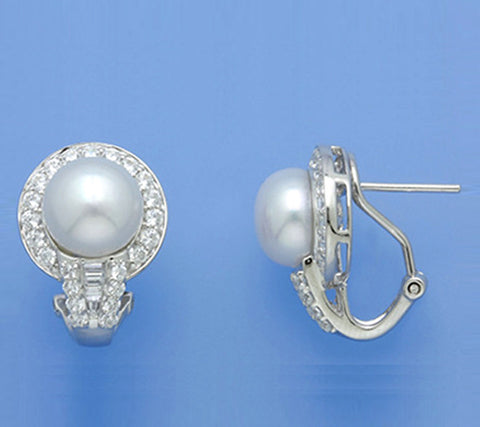 Sterling Silver Earrings with 9-9.5mm Button Shape Freshwater Pearl and Cubic Zirconia