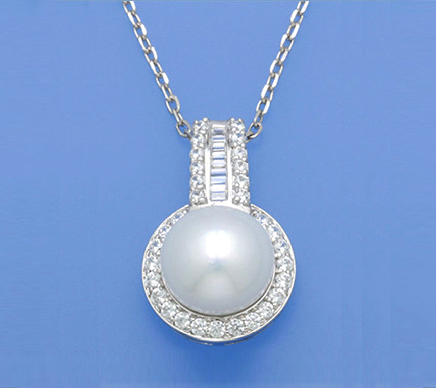 Sterling Silver Pendant with 11.5-12mm Button Shape Freshwater Pearl and Cubic Zirconia - Wing Wo Hing Jewelry Group - Pearl Jewelry Manufacturer