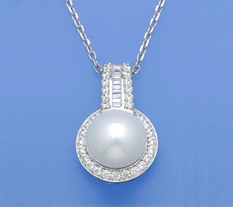 Sterling Silver Pendant with 11.5-12mm Button Shape Freshwater Pearl and Cubic Zirconia