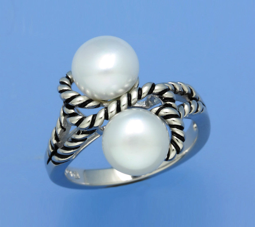 White and Black Plated Silver Ring with 8-8.5mm Button Shape Freshwater Pearl - Wing Wo Hing Jewelry Group - Pearl Jewelry Manufacturer
