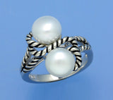 White and Black Plated Silver Ring with 8-8.5mm Button Shape Freshwater Pearl - Wing Wo Hing Jewelry Group - Pearl Jewelry Manufacturer