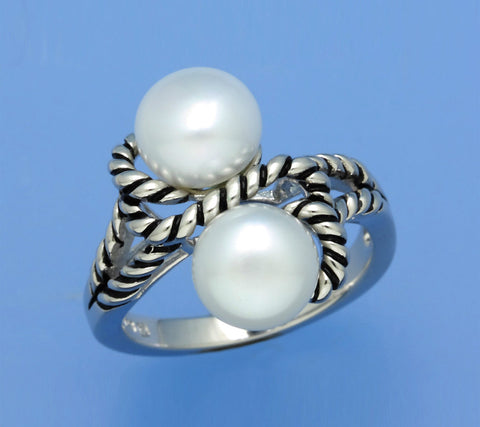 White and Black Plated Silver Ring with 8-8.5mm Button Shape Freshwater Pearl