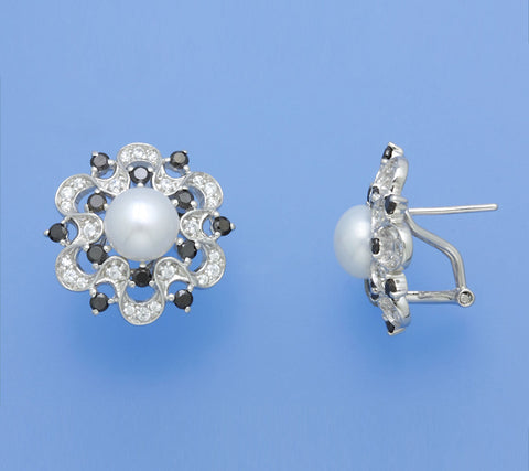 Sterling Silver Earrings with 7.5-8mm Button Shape Freshwater Pearl and Cubic Zirconia