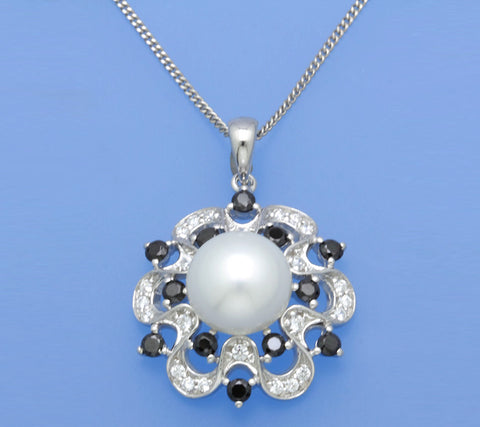 Sterling Silver Pendant with 9.5-10mm Button Shape Freshwater Pearl and Cubic Zirconia