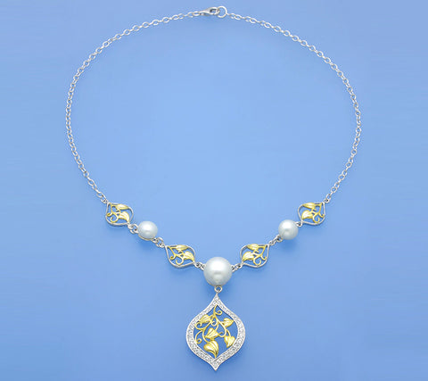 Two Tone Plated Silver Necklace with Button Shape Freshwater Pearl and Cubic Zirconia