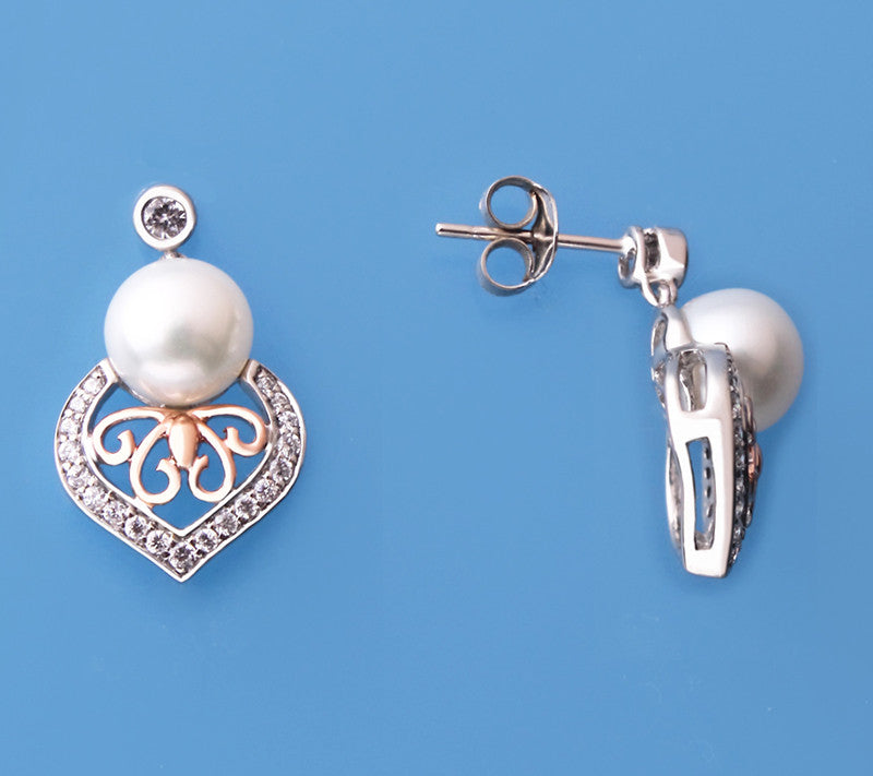 Sterling and Rose Gold Plated Silver Earrings with 8-8.5mm Button Shape Freshwater Pearl and Cubic Zirconia - Wing Wo Hing Jewelry Group - Pearl Jewelry Manufacturer
