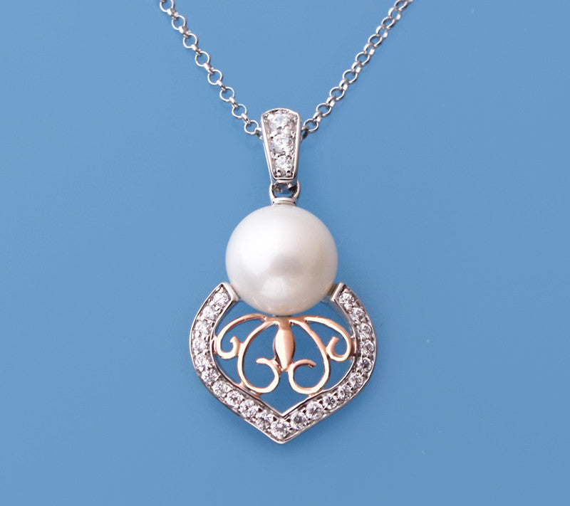 Sterling and Rose Gold Plated Silver Pendant with 9.5-10mm Button Shape Freshwater Pearl and Cubic Zirconia - Wing Wo Hing Jewelry Group - Pearl Jewelry Manufacturer