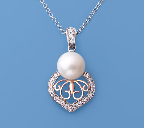 Sterling and Rose Gold Plated Silver Pendant with 9.5-10mm Button Shape Freshwater Pearl and Cubic Zirconia