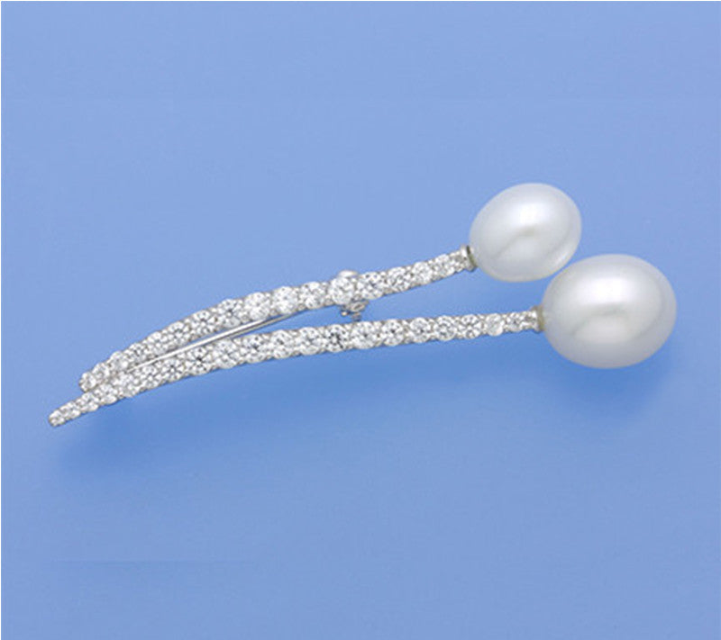 Sterling Silver Brooch with Drop Shape Freshwater Pearl and Cubic Zirconia - Wing Wo Hing Jewelry Group - Pearl Jewelry Manufacturer