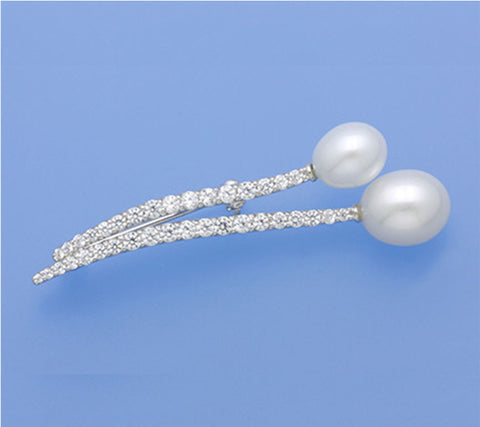 Sterling Silver Brooch with Drop Shape Freshwater Pearl and Cubic Zirconia