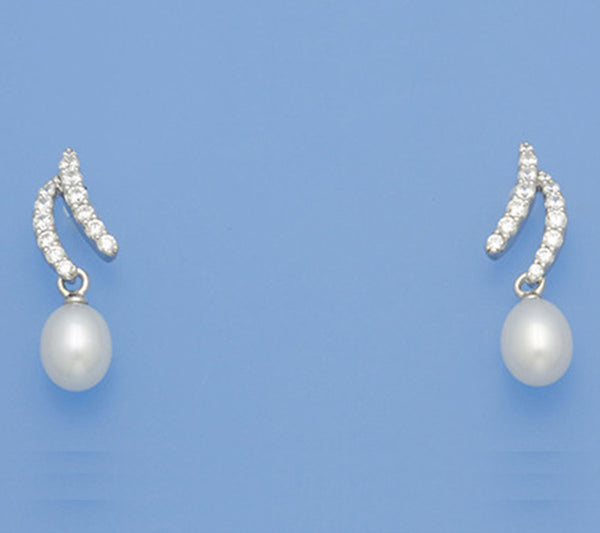 Sterling Silver Earrings with 6-6.5mm Drop Shape Freshwater Pearl and Cubic Zirconia - Wing Wo Hing Jewelry Group - Pearl Jewelry Manufacturer