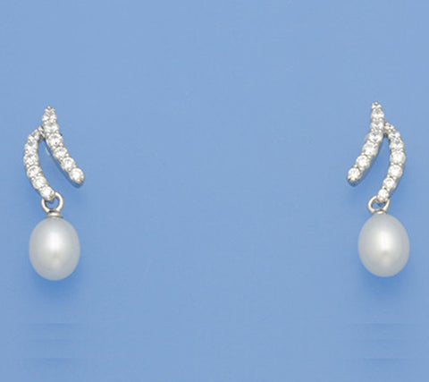 Sterling Silver Earrings with 6-6.5mm Drop Shape Freshwater Pearl and Cubic Zirconia
