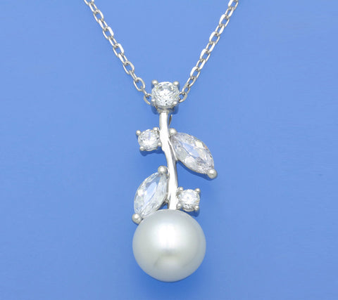 Sterling Silver Pendant with 10-10.5mm Button Shape Freshwater Pearl and Cubic Zirconia