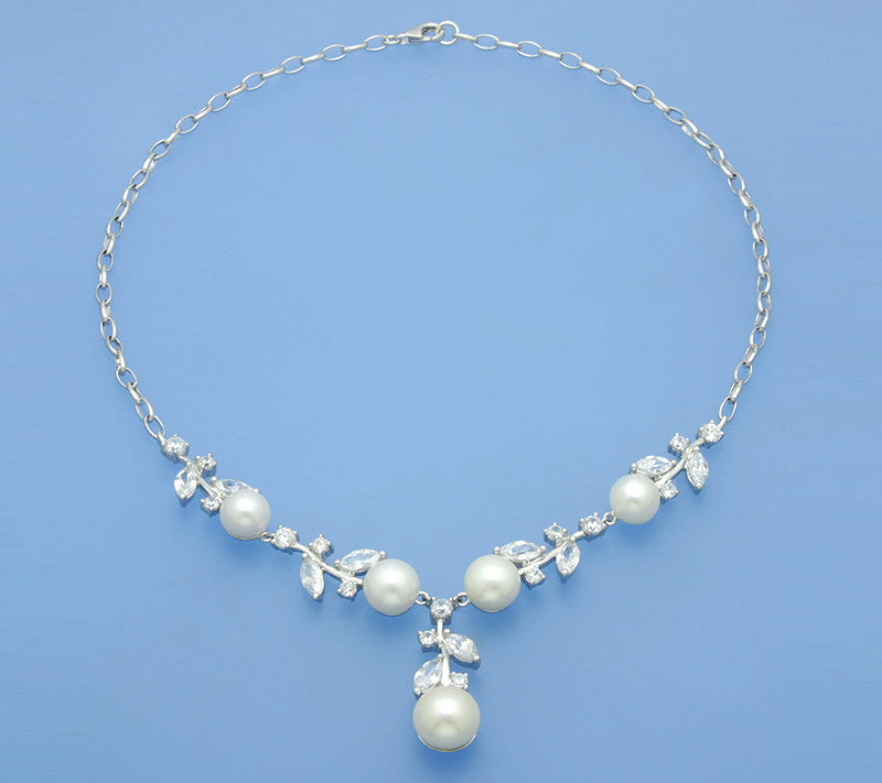Sterling Silver Necklace with Button Shape Freshwater Pearl and Cubic Zirconia - Wing Wo Hing Jewelry Group - Pearl Jewelry Manufacturer