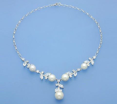 Sterling Silver Necklace with Button Shape Freshwater Pearl and Cubic Zirconia