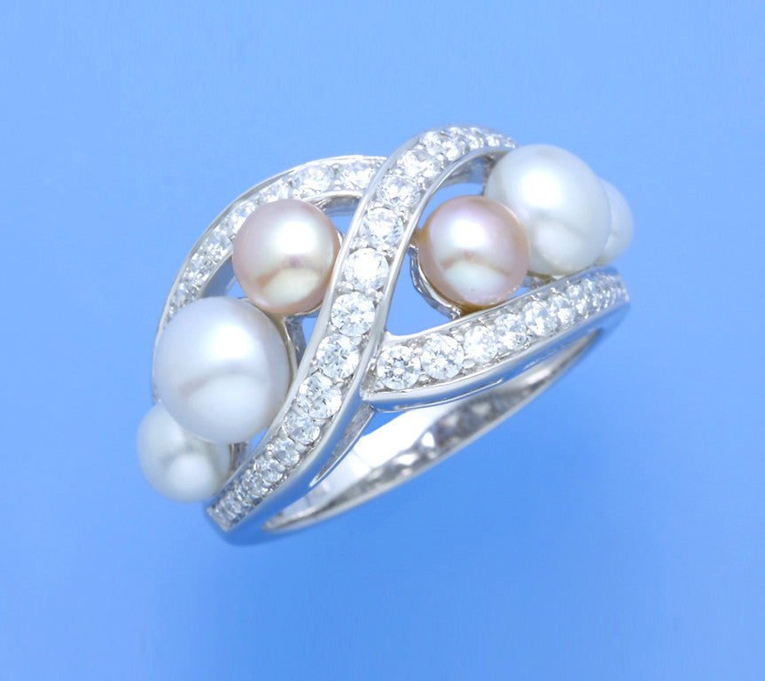Sterling Silver Ring with Button Shape Freshwater Pearl and Cubic Zirconia - Wing Wo Hing Jewelry Group - Pearl Jewelry Manufacturer