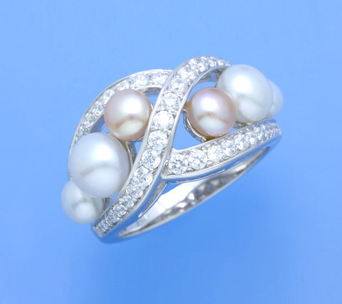 Sterling Silver Ring with Button Shape Freshwater Pearl and Cubic Zirconia