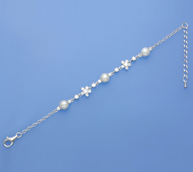 Sterling Silver Bracelet with 7-7.5mm Button Shape Freshwater Pearl and Cubic Zirconia - Wing Wo Hing Jewelry Group - Pearl Jewelry Manufacturer