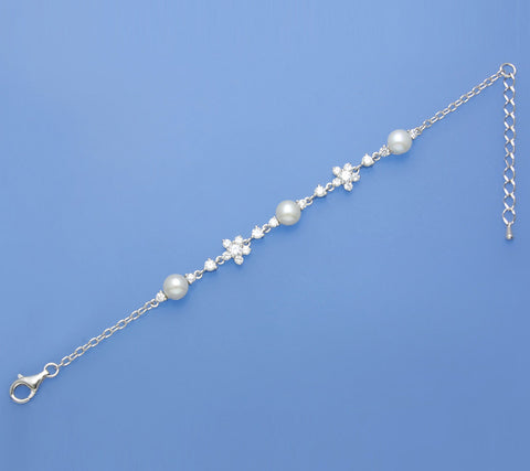 Sterling Silver Bracelet with 7-7.5mm Button Shape Freshwater Pearl and Cubic Zirconia