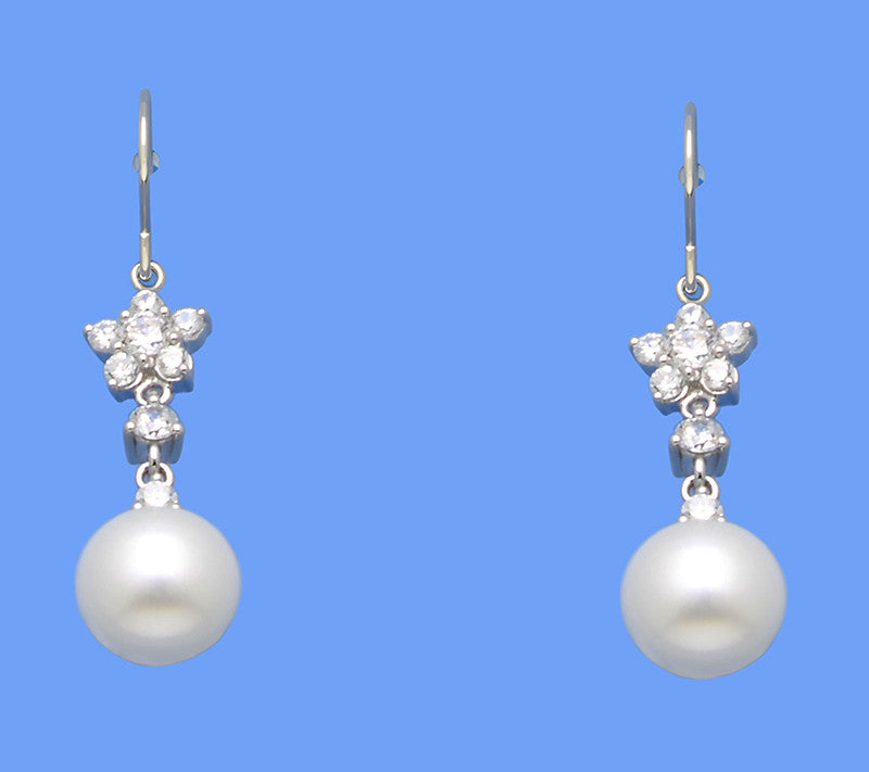Sterling Silver Earrings with 9-9.5mm Button Shape Freshwater Pearl and Cubic Zirconia - Wing Wo Hing Jewelry Group - Pearl Jewelry Manufacturer