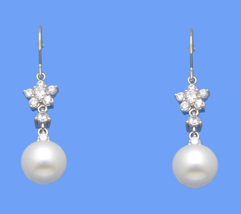 Sterling Silver Earrings with 9-9.5mm Button Shape Freshwater Pearl and Cubic Zirconia