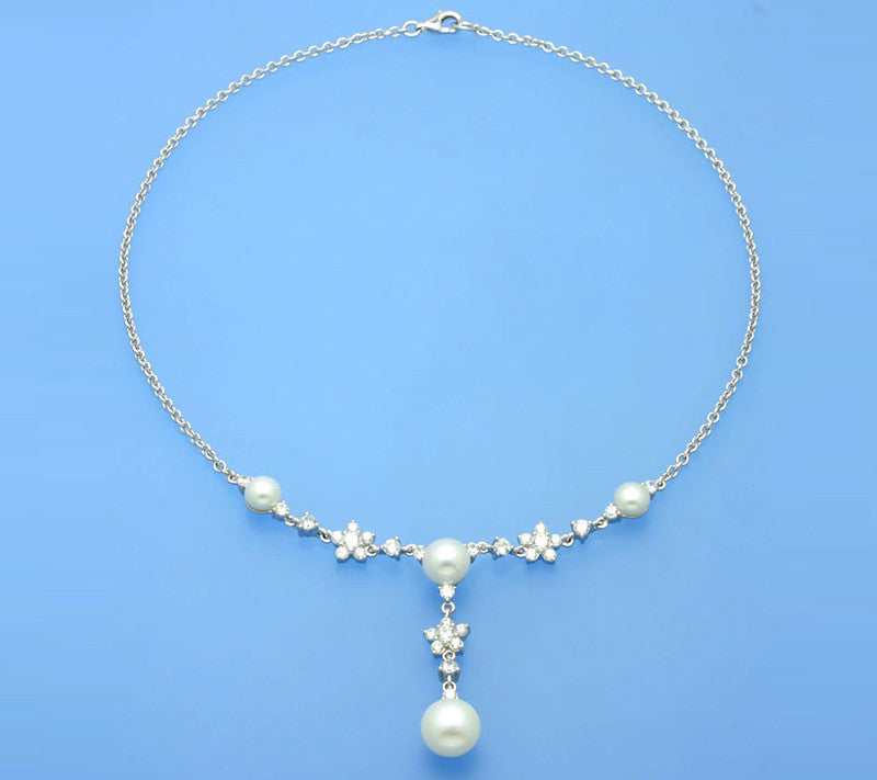 Sterling Silver Necklace with Button Shape Freshwater Pearl and Cubic Zirconia - Wing Wo Hing Jewelry Group - Pearl Jewelry Manufacturer