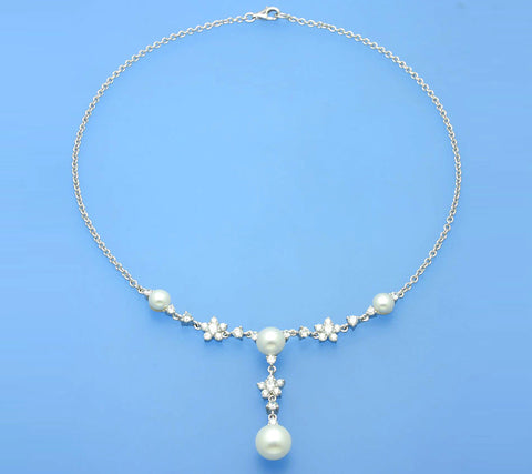 Sterling Silver Necklace with Button Shape Freshwater Pearl and Cubic Zirconia