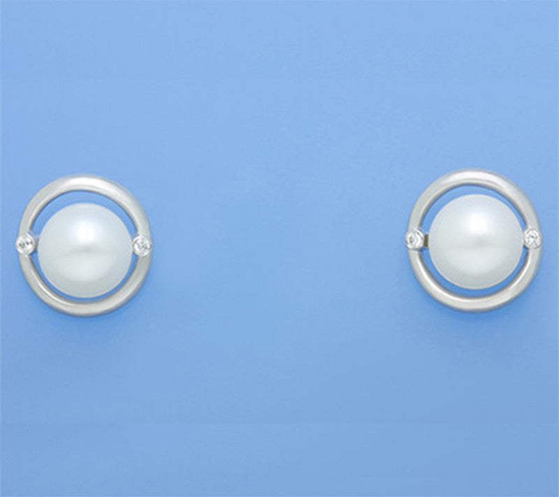 Sterling Silver Earrings with 9-9.5mm Button Shape Freshwater Pearl and Cubic Zirconia - Wing Wo Hing Jewelry Group - Pearl Jewelry Manufacturer