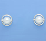 Sterling Silver Earrings with 9-9.5mm Button Shape Freshwater Pearl and Cubic Zirconia - Wing Wo Hing Jewelry Group - Pearl Jewelry Manufacturer