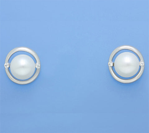 Sterling Silver Earrings with 9-9.5mm Button Shape Freshwater Pearl and Cubic Zirconia