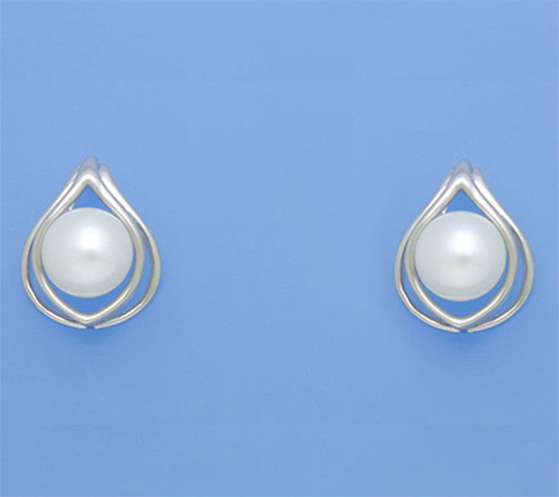 Sterling Silver Earrings with 9-9.5mm Button Shape Freshwater Pearl - Wing Wo Hing Jewelry Group - Pearl Jewelry Manufacturer