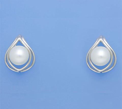 Sterling Silver Earrings with 9-9.5mm Button Shape Freshwater Pearl