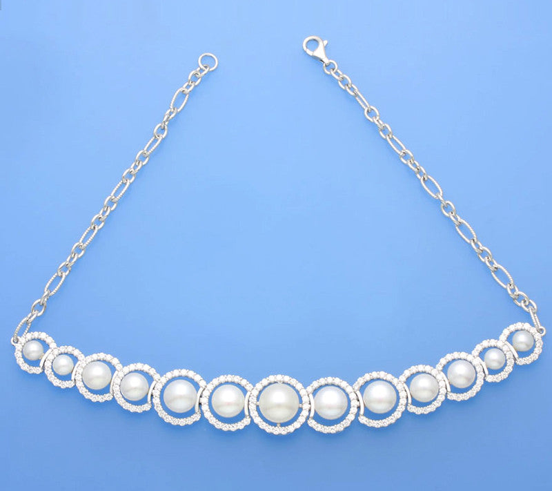 Sterling Silver Necklace with Button Shape Freshwater Pearl and Cubic Zirconia - Wing Wo Hing Jewelry Group - Pearl Jewelry Manufacturer