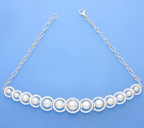 Sterling Silver Necklace with Button Shape Freshwater Pearl and Cubic Zirconia