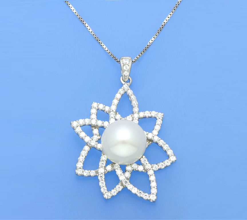 Sterling Silver Pendant with 10-10.5mm Button Shape Freshwater Pearl and Cubic Zirconia - Wing Wo Hing Jewelry Group - Pearl Jewelry Manufacturer