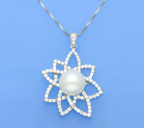 Sterling Silver Pendant with 10-10.5mm Button Shape Freshwater Pearl and Cubic Zirconia
