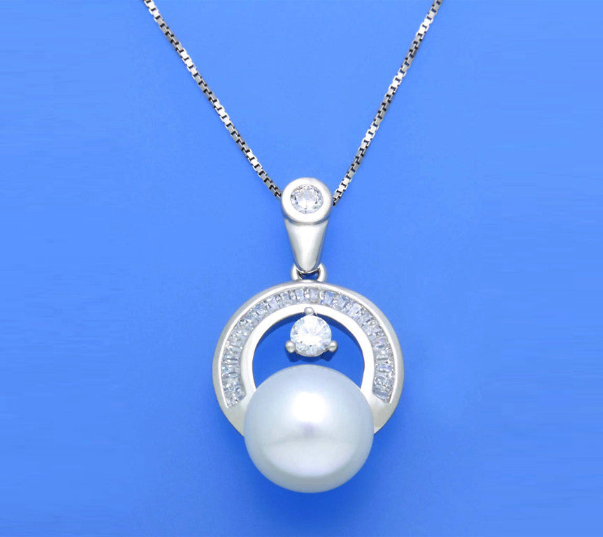 Sterling Silver Pendant with 10-10.5mm Button Shape Freshwater Pearl and Cubic Zirconia - Wing Wo Hing Jewelry Group - Pearl Jewelry Manufacturer