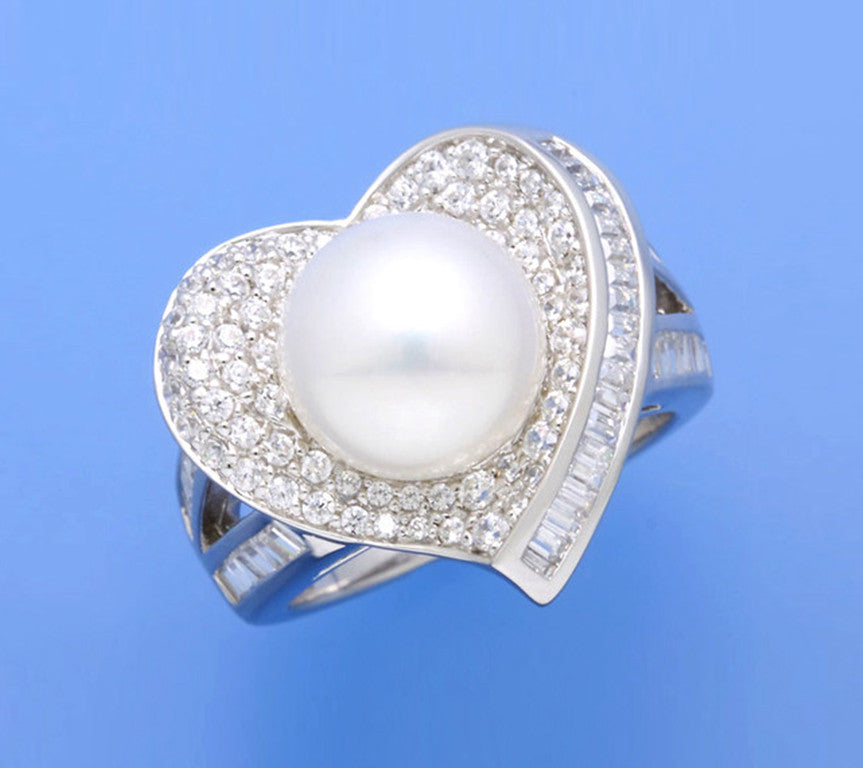 Sterling Silver Ring with 10-10.5mm Button Shape Freshwater Pearl and Cubic Zirconia - Wing Wo Hing Jewelry Group - Pearl Jewelry Manufacturer