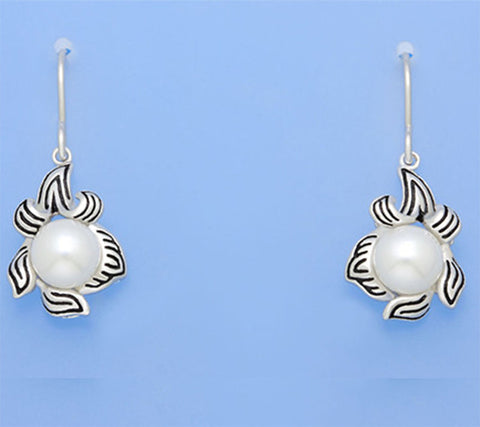 White and Black Plated Silver Earrings with 7.5-8mm Button Shape Freshwater Pearl
