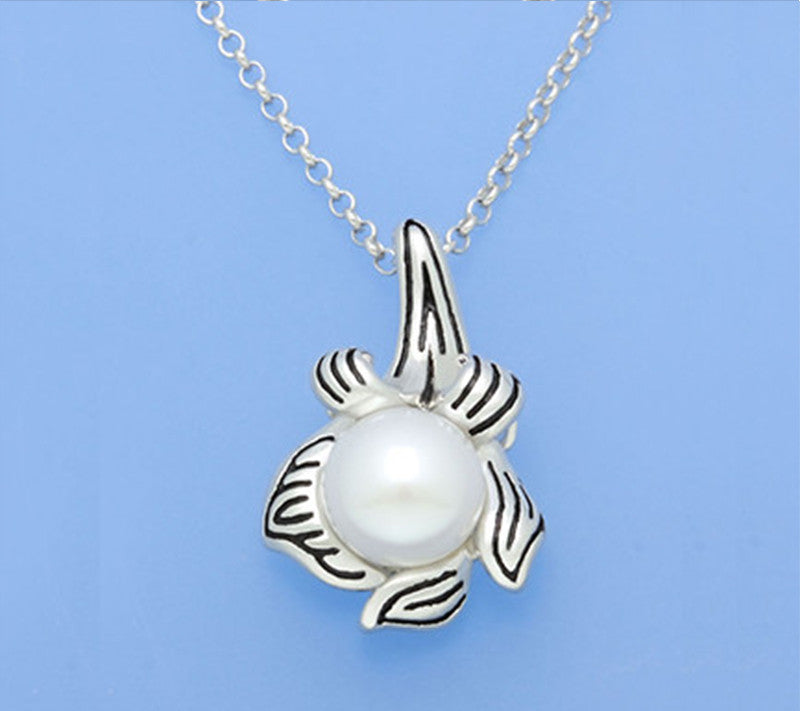 White and Black Plated Silver Pendant with 7.5-8mm Button Shape Freshwater Pearl - Wing Wo Hing Jewelry Group - Pearl Jewelry Manufacturer