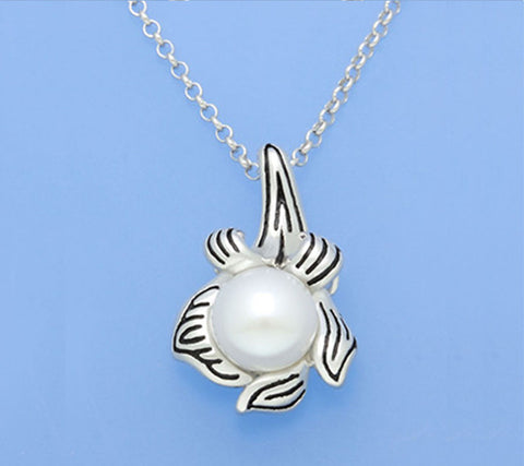 White and Black Plated Silver Pendant with 7.5-8mm Button Shape Freshwater Pearl