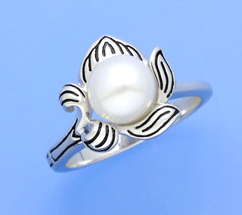 White and Black Plated Silver Ring with 7.5-8mm Button Freshwater Pearl - Wing Wo Hing Jewelry Group - Pearl Jewelry Manufacturer